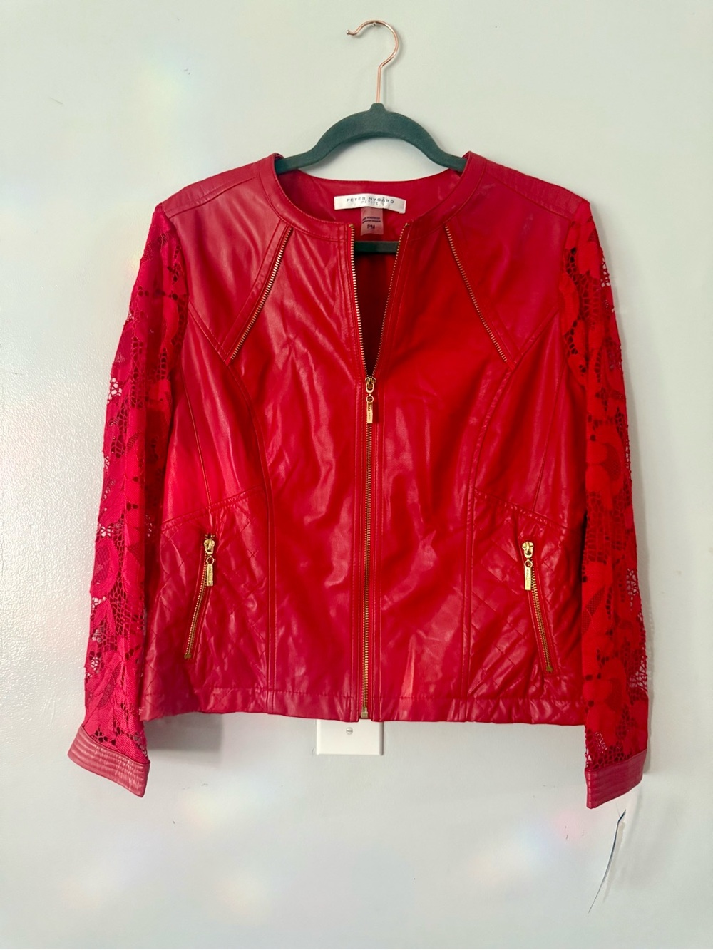 Peter Nygard Red Faux Leather Jacket Floral Lace Sleeve Moto Full Zip PM Edgy